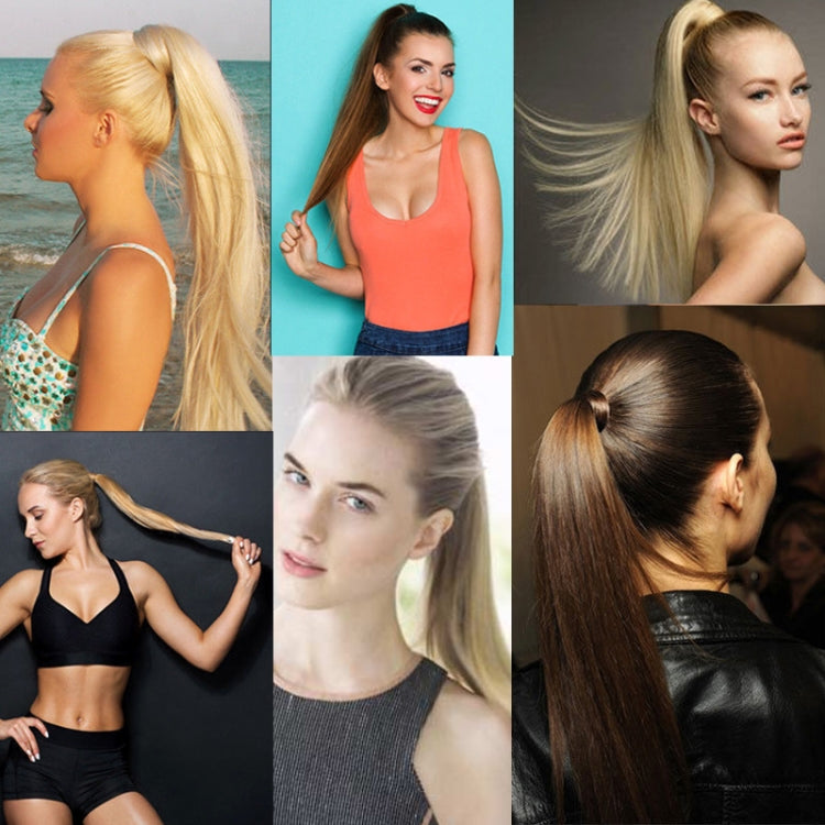 Long ponytail wig worn by model, high sleek bun with straight hair length