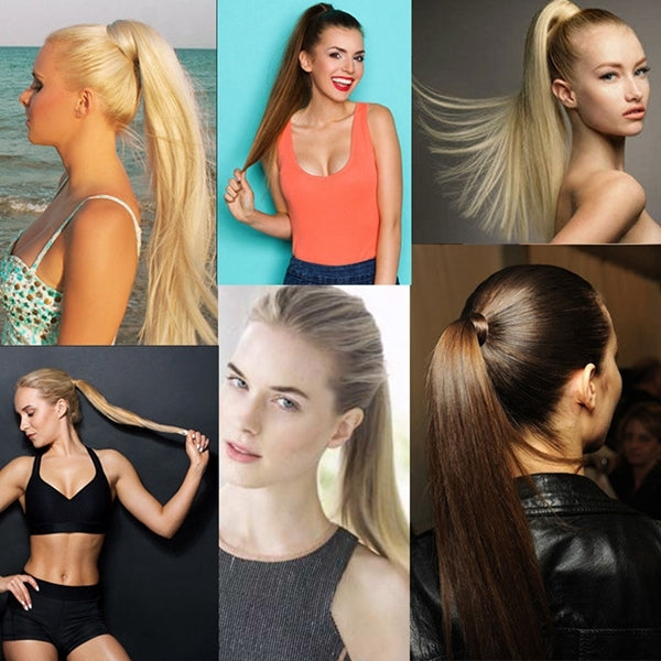 Model wearing chestnut brown long straight ponytail wig with dark top band
