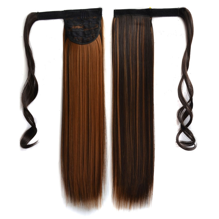 Long straight brown hair wig with black cap band and side strands, two long sections