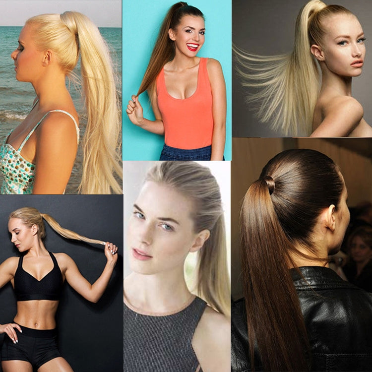 Long black straight ponytail wig worn high on the back