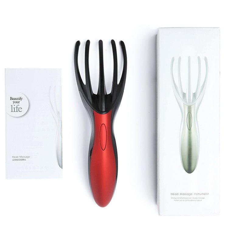 Two head massager combs, one black-red and one white, shown with retail packaging