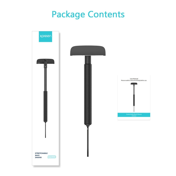 Back shaver package contents: black razor handle, cutting head, and lanyard cord