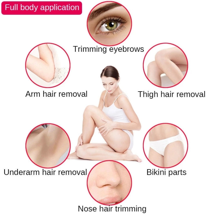 Woman seated with highlighted hair removal areas for electric trimmer use.