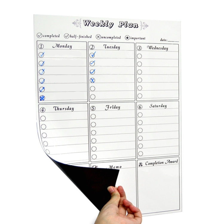 White magnetic weekly plan board with Monday–Saturday schedule grid and circles