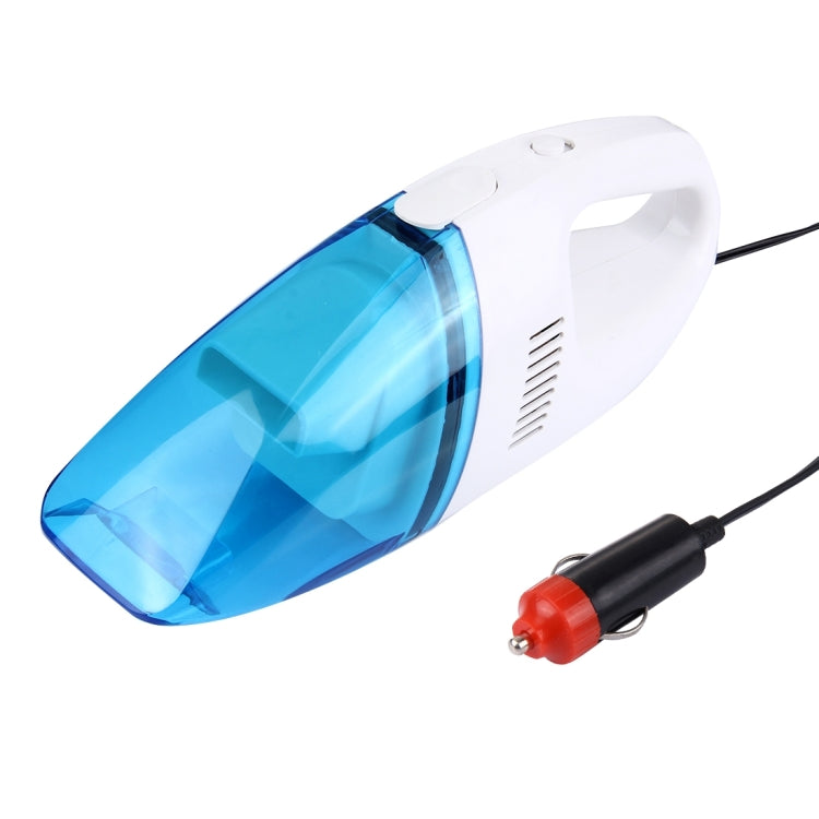 Blue wet/dry car vacuum cleaner with clear bin and 12V plug cord