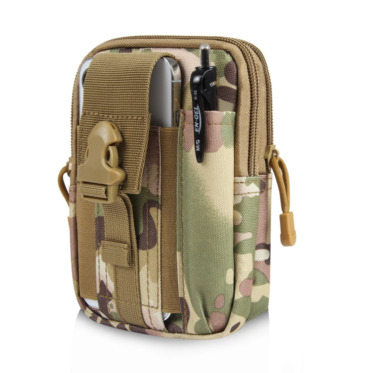Camouflage waist belt pouch with front phone pocket and side zipper pull