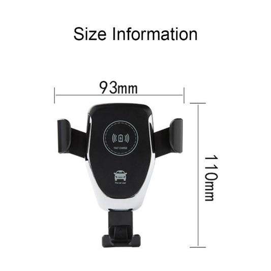 Black air-vent phone charger holder with clamp arms shown with size diagram