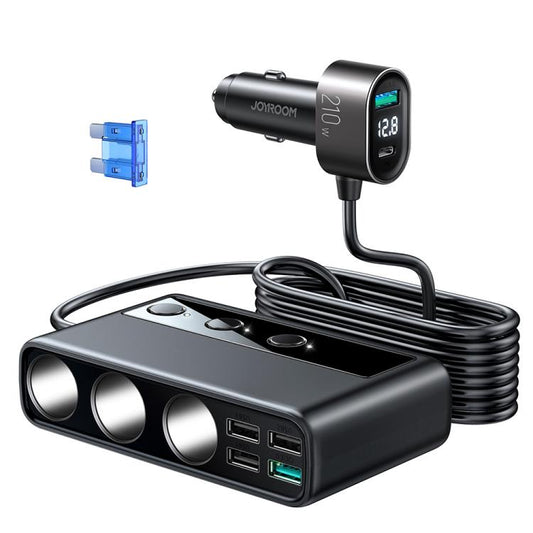 JOYROOM JR-CL06 9 in 1 210W PD USB-C / Type-C + Dual QC3.0 USB + 3 USB + 3 Cigarette Lighter Holes Digital Display Car Charger, JR-CL06
