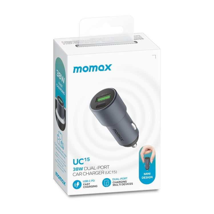 MOMAX UC15 38W dual-port car charger retail box with charger pictured