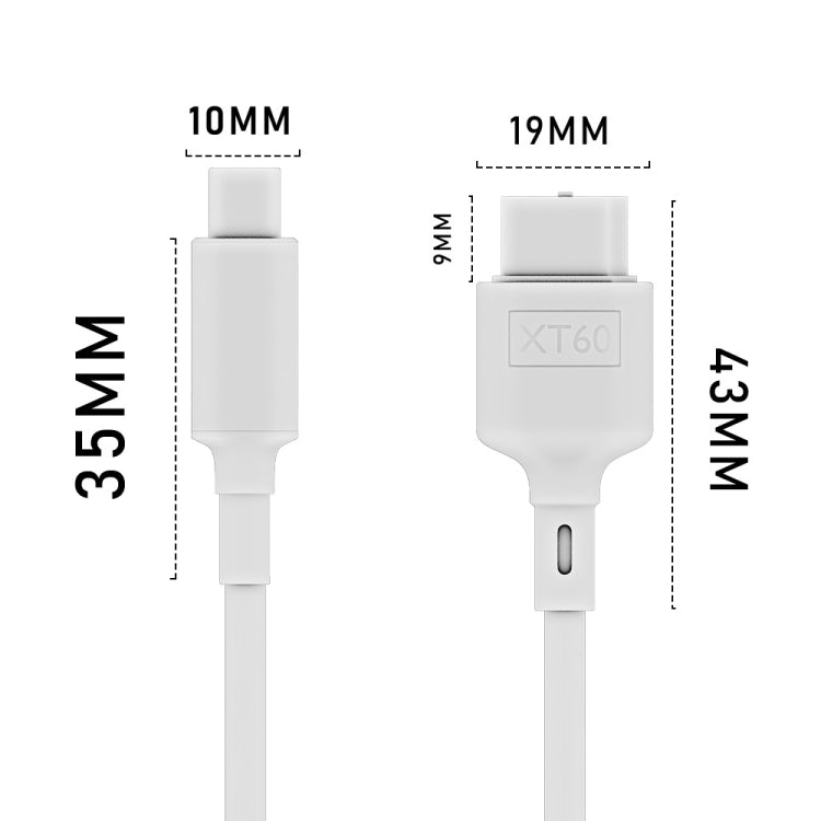 USB-C to XT60 cable connector size diagram with measured housings