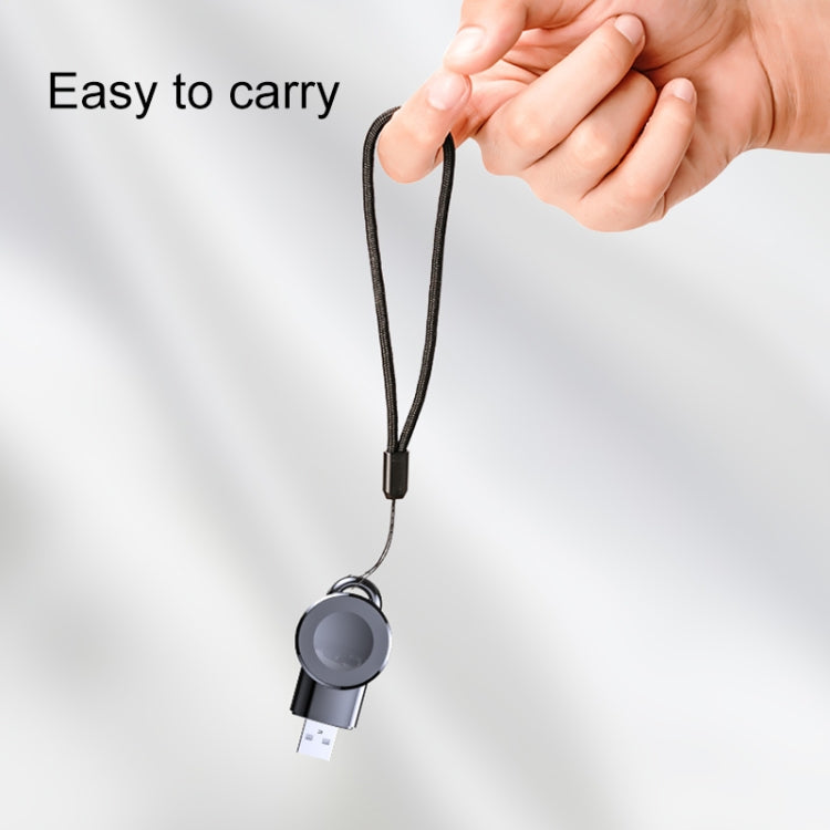 Black magnetic wireless watch charger with keychain strap and USB plug