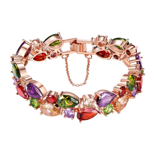 Rose gold charm bracelet with multicolor zircon stones and lobster clasp, 16 cm