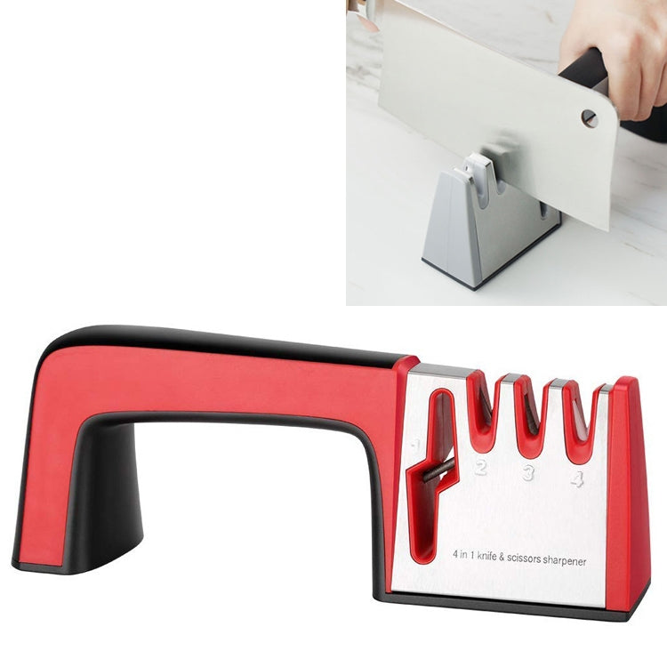 4-in-1 stainless steel hand-held knife sharpener with red non-slip handle base