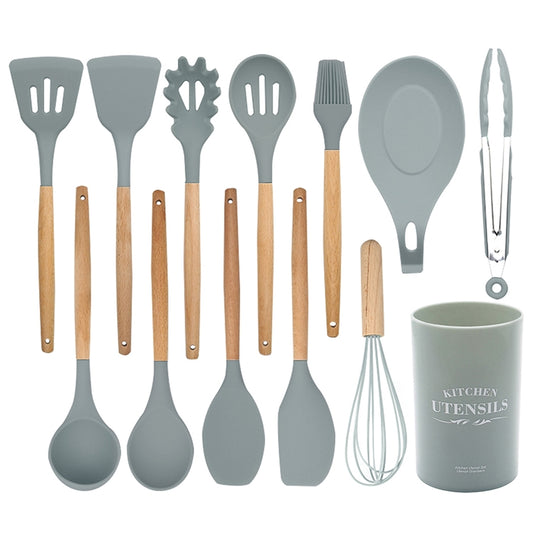 13 in 1 Silicone Wood Handle Heat-resistant Cooking Cutlery Sets Kitchen Tools with Large Container, 13 in 1, with Large Container