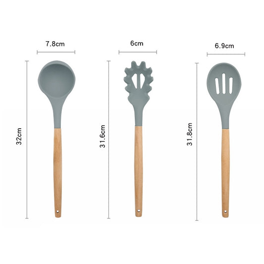 13 in 1 Silicone Wood Handle Heat-resistant Cooking Cutlery Sets Kitchen Tools with Small Container, 13 in 1, with Small Container