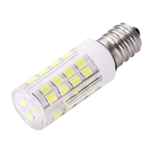 E12 LED bulb with clear plastic housing and visible LED SMD panel, cool white