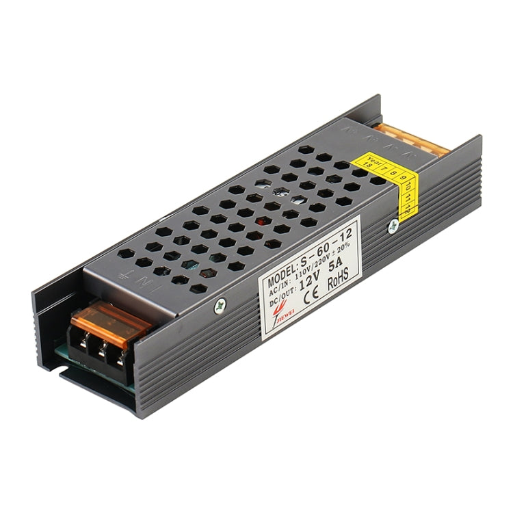 Regulated DC switching power supply with black metal case, label panel, and terminals
