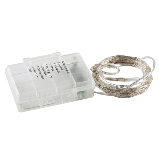 Clear battery box with coiled silver LED fairy light string wire