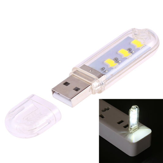 USB LED book light with cap, three LEDs in clear casing, cool white glow.