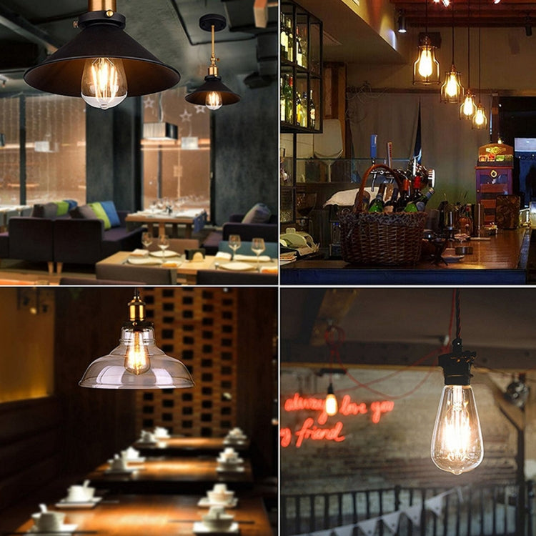 Warm-glowing Edison-style LED filament bulbs with clear glass and E27 bases, hanging.
