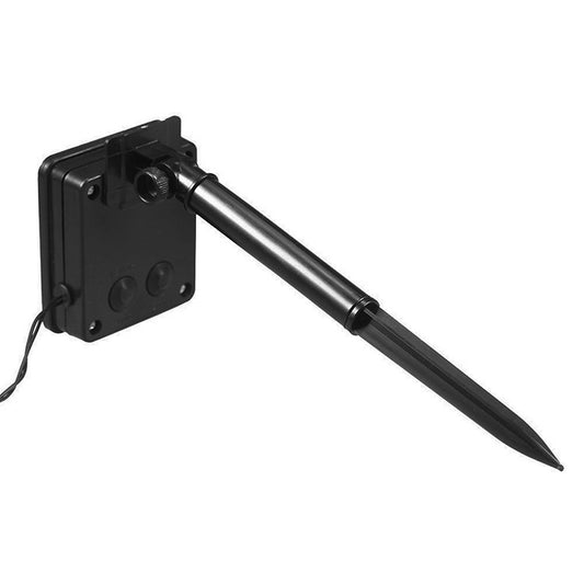Solar LED stake light with black solar control box and long ground spike