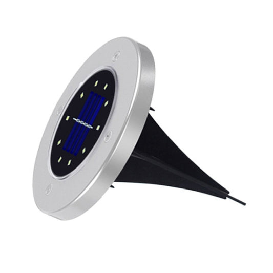 Solar LED ground light, round silver face with dark base and angled spike