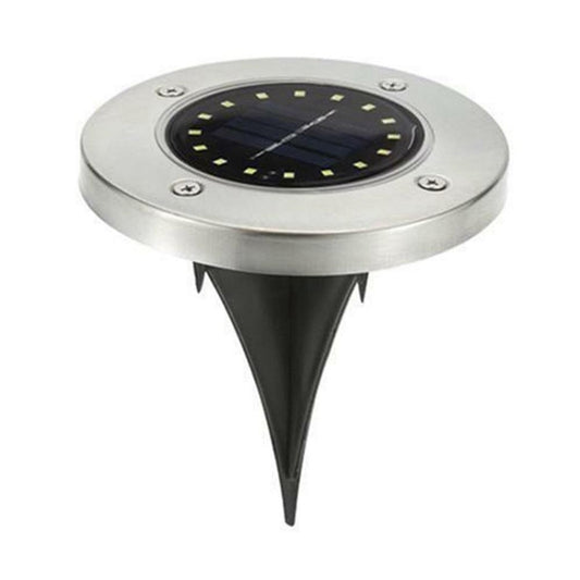 Solar buried ground light with round stainless top and three-prong stake, 16 LEDs