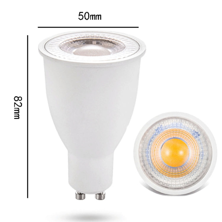 Warm white GU10 LED spotlight bulb size 50mm x 82mm, white housing and pins