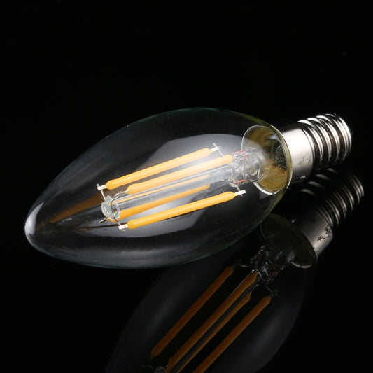 Retro LED filament bulb with clear glass and E14 screw base, four COB-style filaments