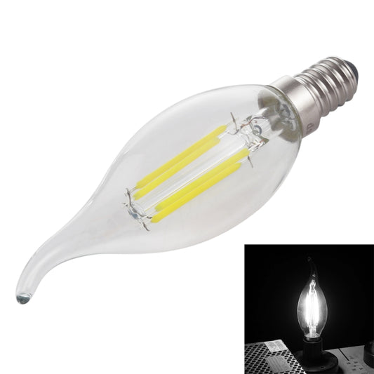 Retro LED filament bulb with clear glass and yellow filaments, E14 long-tail base