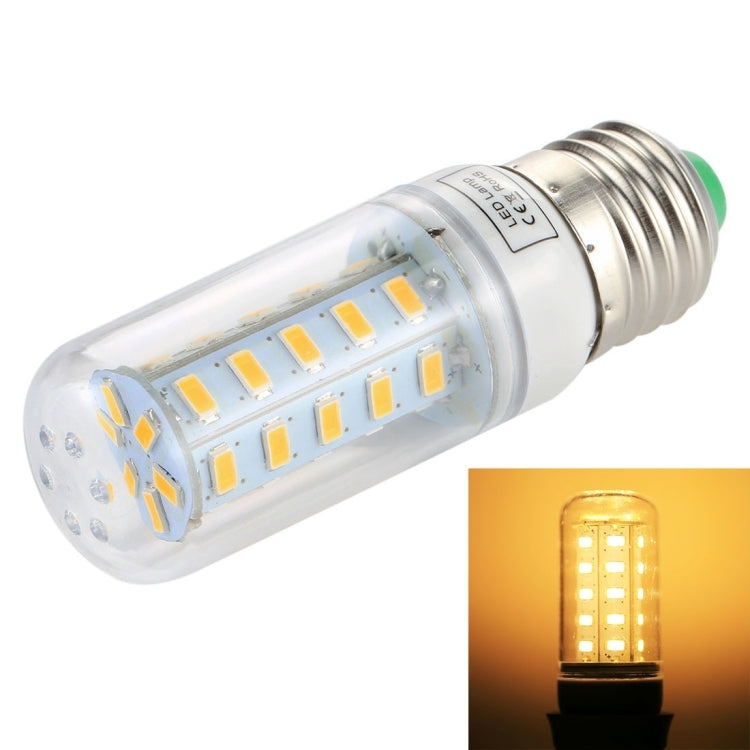 LED corn light bulb with E27 screw base and clear cover, plus warm glowing LED effect