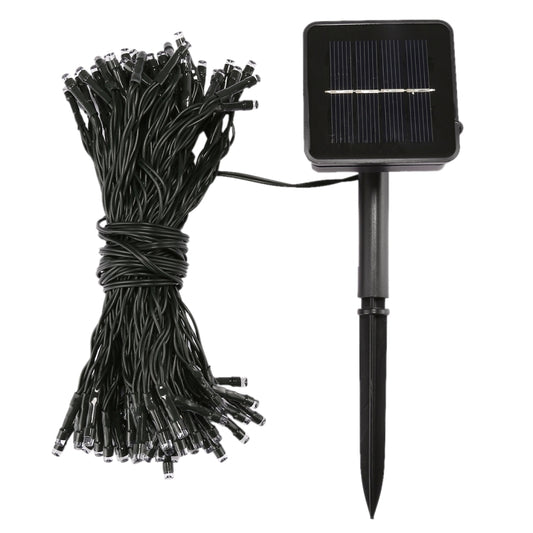 Outdoor solar LED string lights with black wire bundle and square solar panel stake