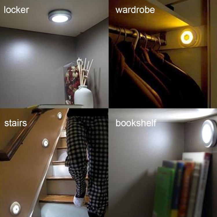 Round LED closet and staircase motion lights, both showing white illumination