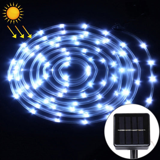 Solar rope string lights with blue LEDs, coiled with glowing bulb spacing