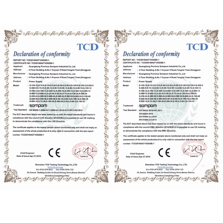Conformity declaration documents with TCD and compliance stamps