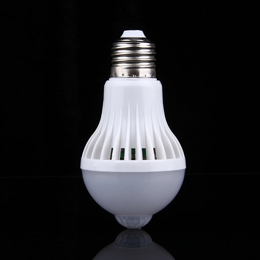 White E27 LED motion sensor bulb with dome lens and metal screw base, front view