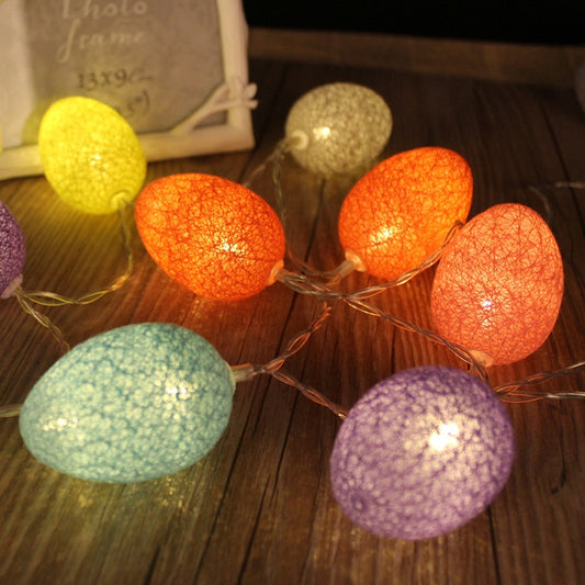 Egg-shaped LED string lights with textured bulbs in orange, yellow, green, purple