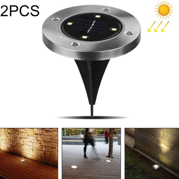 Round stainless-steel LED ground light with solar panel and spike stake, 4 illuminated LEDs