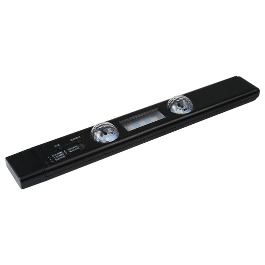 Angled view of black LED car light bar with two side bulbs and center window