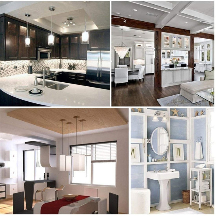 Warm white LED lighting shown in an indoor kitchen and living room interior