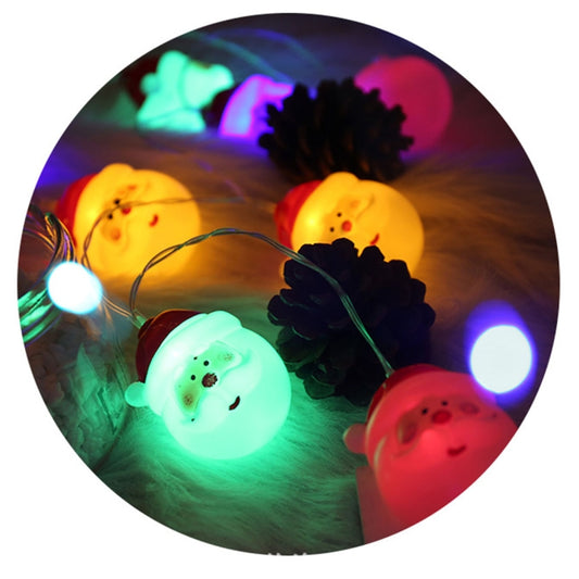Snowman and Santa LED string lights with multicolor glowing faces on a wire loop