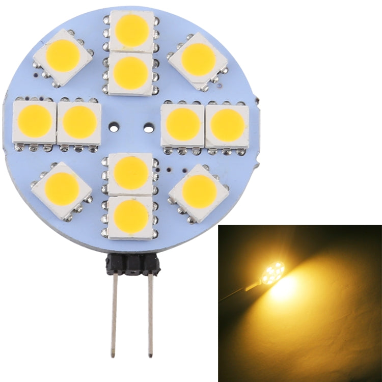G4 LED pin bulb with 12 SMD LEDs emitting warm yellow light beam