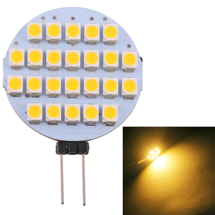 G4 LED pin bulb with 24 SMD chips on a round board and glowing warm light beam