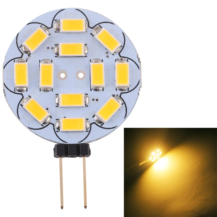 Round G4 LED bulb with 12 SMD LEDs, two-pin base, warm yellow glow