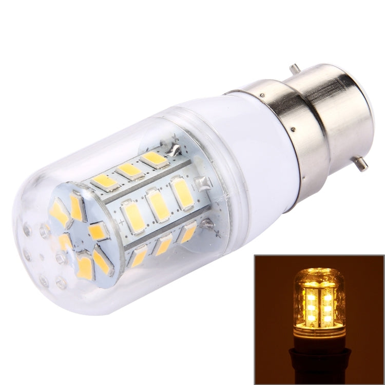 LED corn light bulb with clear lens and silver base, showing 5730 SMD LEDs