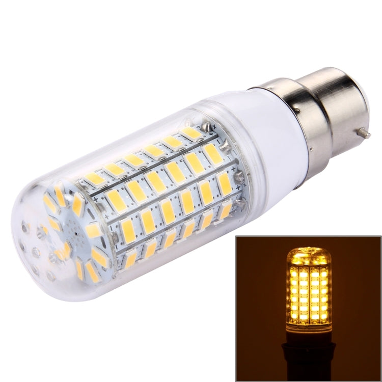 LED corn light bulb with clear lens, SMD LEDs, and metal base; lit inset