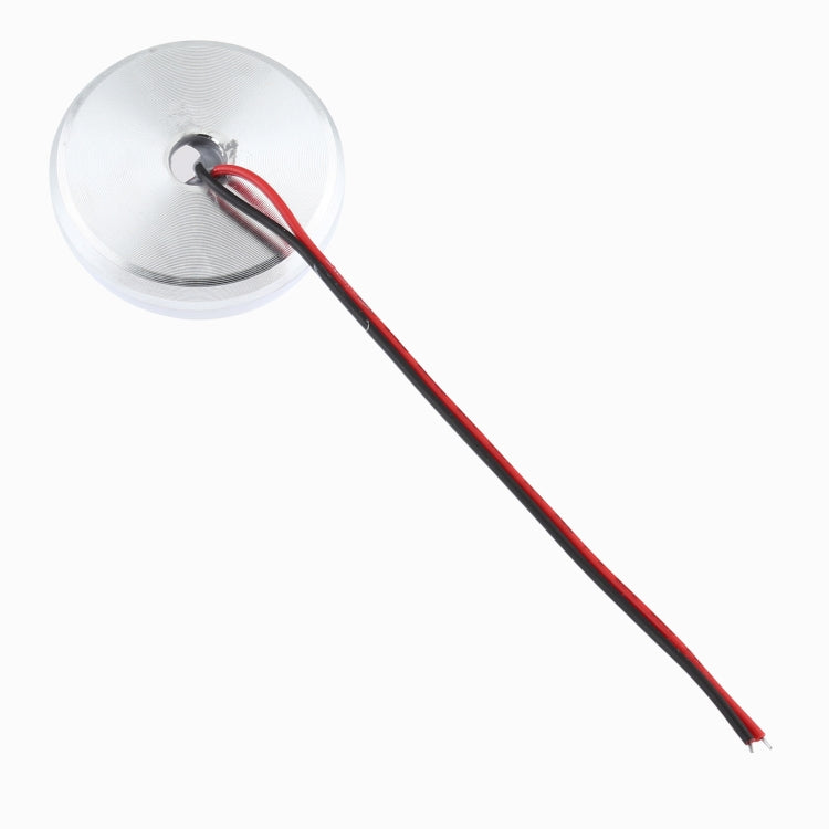 Back view of round LED bulb with silver metal base and red/black wires, DC 12V