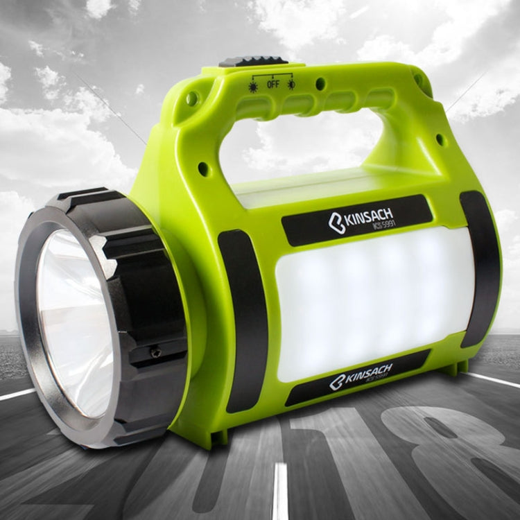 Lime green portable LED searchlight with carry handle and wide front reflector lens