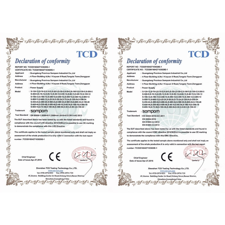 Two-page TCD declaration of conformity certificates for SOMPOM S-60-12 LED driver