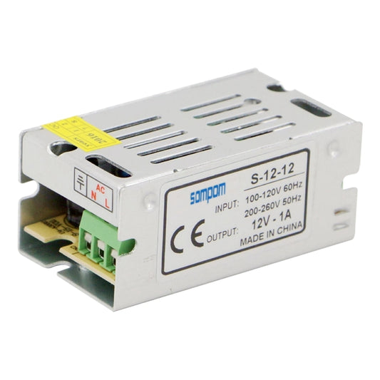 SOMPOM S-12-12 12W 12V 1A Iron Shell Driver LED Light Strip Lighting Monitor Power Supply, 12W 1A